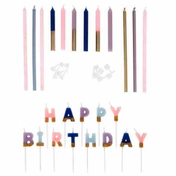 Kerzen Set - Happy Birthday / Pink Lila Blau Gold
